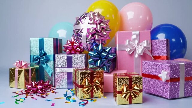 Arrangement of Festive Present Containers and Supplementary Decorative Items Against Neutral Backdrop with Space for Text
