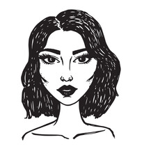 Beautiful Woman Doodle Black and White Illustration Fashion Girl Portrait Line Art Sketch Vector