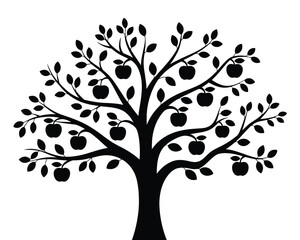 Stylized black silhouette of a fruitful apple tree with leaves, a minimalist vector illustration representing growth, knowledge, and nature