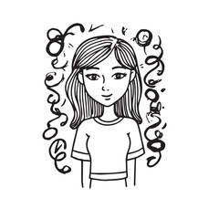 Beautiful Woman Doodle Black and White Illustration Fashion Girl Portrait Line Art Sketch Vector