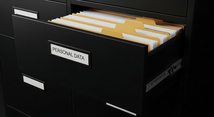 Accessing sensitive personal data stored in a black filing cabinet drawer, symbolizing privacy, confidentiality, and the organized management of private information