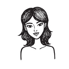 Beautiful Woman Doodle Black and White Illustration Fashion Girl Portrait Line Art Sketch Vector