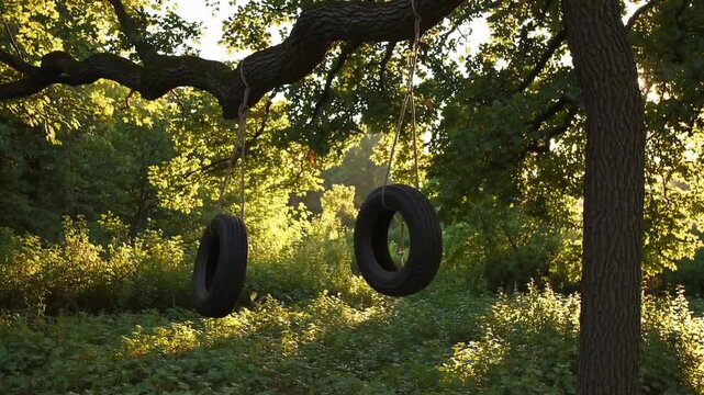 recreational pursuit involving repurposed automobile tire suspended for swinging within natural wooded preservation area