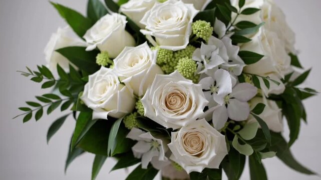 Elegant Bouquet of White Roses and Hydrangeas with Delicate Green Greenery