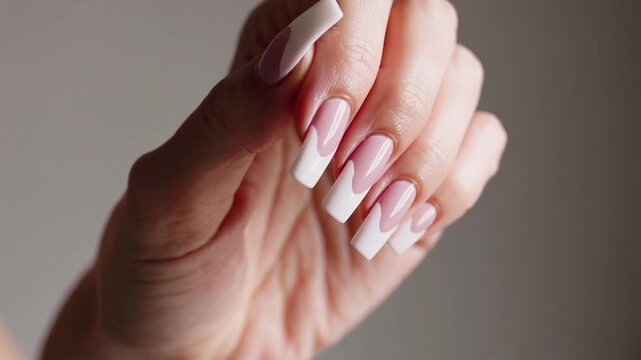 Elegant Female Hand with Classic French Tip Nail Art in Detailed Close-Up View