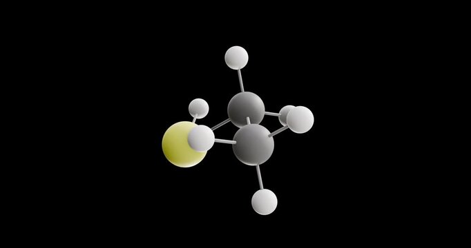 Ethanethiol molecule, rotating 3D model of ethyl mercaptan, looped video on a black background
