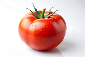A single red tomato with green stem isolated on white background.