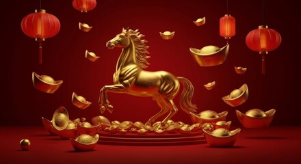 Obraz premium Golden Horse Statue with Red Lanterns and Gold Ingot Decorations