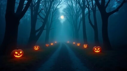 Foggy Forest Path Halloween Background with Pumpkins