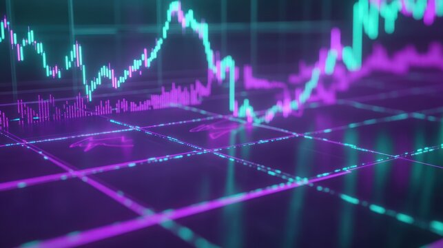 Glowing stock market chart on a grid, depicting financial data analysis and investment trends in a modern, futuristic style
