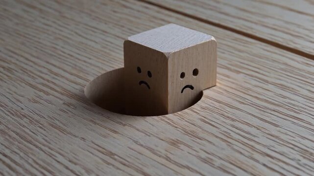 Cubic Timber Plug with Inked Expression of Sadness Inserted into Circular Aperture