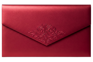 Elegant red paper envelope with an embossed floral pattern isolated on a transparent background