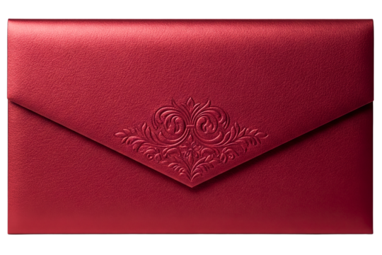 Elegant red paper envelope with an embossed floral pattern isolated on a transparent background