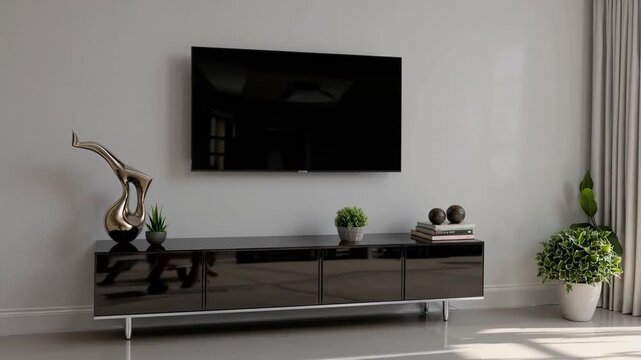 wall-based mock-up depicting residential sitting area featuring entertainment unit and ornamental objects