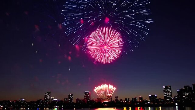 New Year's Eve Celebration with Colorful Fireworks Exploding and Bursting in Dark Night Sky