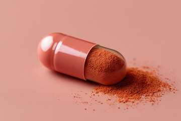 Capsule with powdery substance on pale peach backdrop. Represents health, medicine, and dietary supplements. Open capsule with powder spilling out.