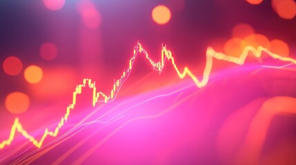 Glowing stock market chart with upward trend on a vibrant pink and red bokeh background, representing financial growth and investment opportunities