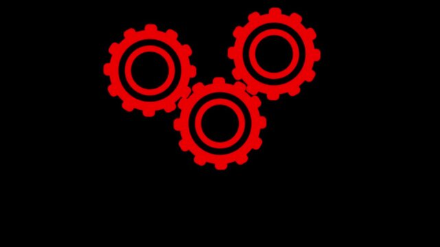 Three Red Interlocking Gear Symbols on Black Background gears cogs