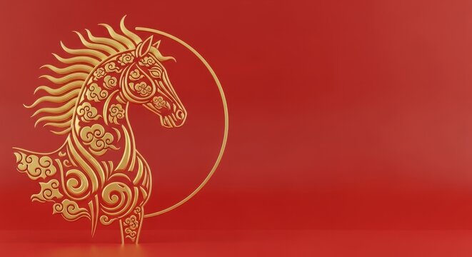 Elegant Golden Horse Pattern with Intricate Ornaments on Red Background