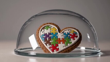 Cardiac form gingerbread with puzzle pieces under glass dome