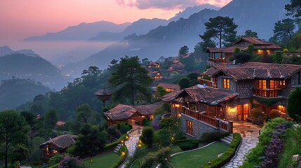 Obraz premium Mountain houses in the evening with beautiful scenery and colorful sky