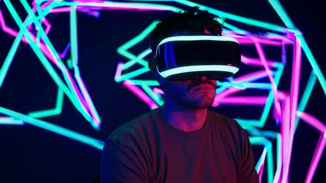 Male subject utilizing immersive head-mounted display technology exploring simulated environment