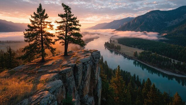 Sunrise over a river valley from a rocky cliff. Two tall pines stand sentinel on the edge of the cliff, bathed in golden light.  Misty valley and mountain range in the background