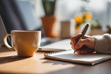 Close-up of a hand writing in a notebook, with a coffee mug and laptop in the background. Sunlight streams on the desk
