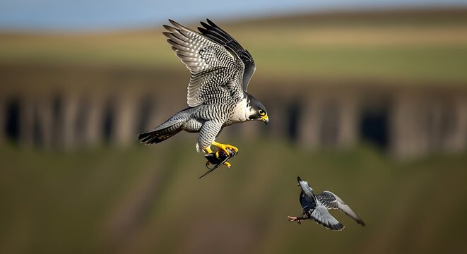 A peregrine falcon in mid-flight, clutching its prey, with another bird in pursuit against a blurred natural background. - Powered by Adobe