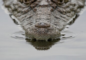 Naklejka premium Close-up of a crocodile emerging from the water, showcasing its rough skin and intense gaze. The scene highlights the creature's power and stealth