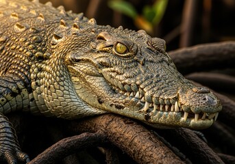 Fototapeta premium A close-up view of a crocodile, capturing its detailed textured skin and intense gaze