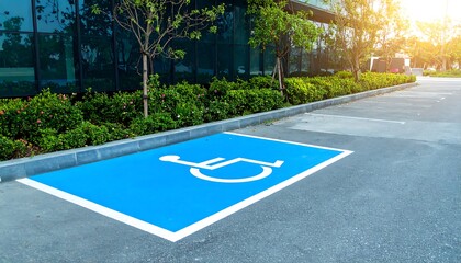 Designated parking space for individuals with disabilities, outlined in bright blue, situated in a modern parking lot.