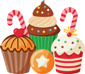Decorated christmas cupcakes icon set vector. Vanilla and chocolate cupcakes with christmas candies icon set vector. Decorated christmas cupcake with sprinkles icon isolated on a white background 