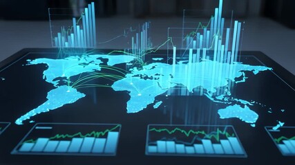 Futuristic global data visualization with charts and map - Powered by Adobe