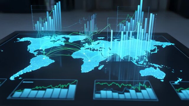Futuristic global data visualization with charts and map - Powered by Adobe