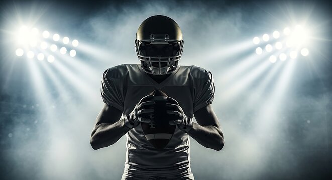 Imposing American Football Player Holds the Ball Under Dazzling Stadium Lights, Ready for Intense Competition and Athletic Triumph, Symbolizing Power and Unyielding Determination