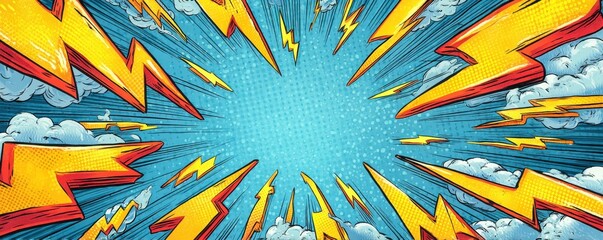 Dynamic comic style illustration of vibrant lightning and cloudy blue background