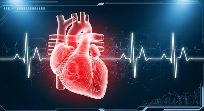 Digital display of a glowing human heart with an active electrocardiogram, symbolizing advanced cardiac health monitoring and innovative medical technology