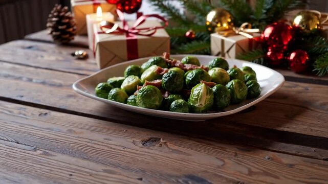 Christmas Brussel Sprouts and Bacon with decoration, gifts, green tree branch on wooden rustic table