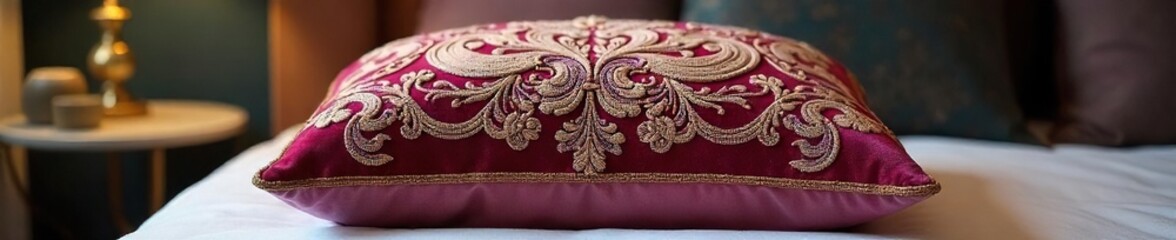 Obraz premium Luxury velvet pillow with intricate embroidery, adding a touch of elegance and sophistication to any bedroom or living space Perfect for interior design inspiration , home, decoration