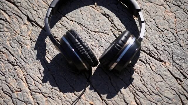 Intimate view of audio listening devices arranged in cardiac form on stone surface