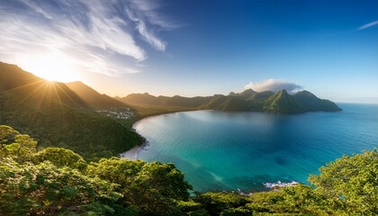 breathtaking view of mountains and ocean at sunrise vivid green foliage and clear blue waters