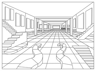 Interior with exhibition paintings in art gallery. Artworks or exhibitions in museum. Line sketch vector illustration