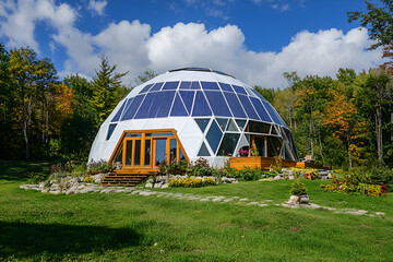 A geodesic dome home with solar panels.