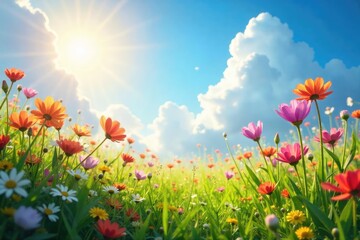 Fototapeta premium A breathtaking sunlit meadow bursting with vibrant wildflowers, shimmering dew drops on petals, a scene of enchanting, fairytale beauty , summer, blossom, enchanting