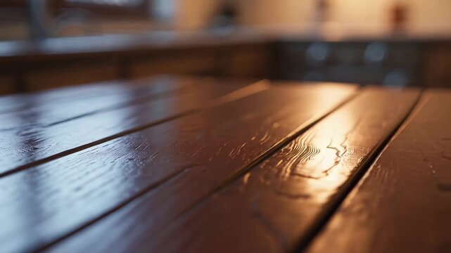 Unoccupied wooden surface and out-of-focus culinary area backdrop