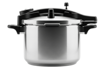 Stainless steel stove top pressure cooker with a locking lid isolated on a transparent background
