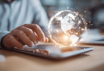 A person's hand hovering over a tablet, interacting with a holographic projection of the Earth
