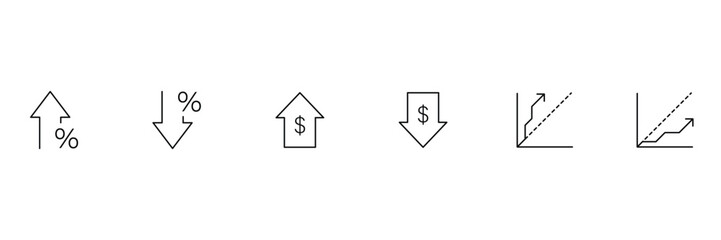 Obraz premium Money increase or decrease black icon set. dollar decrease increase symbol. Price, sale, rate or profit going up or down symbol with arrow and dollar sign. 