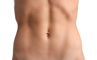 Fototapeta premium Woman with flat belly on white background, closeup